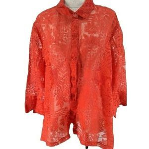 ELCC Women's Coral Orange See Through Button Down Quarter Sleeve Blouse‎ Size 3X